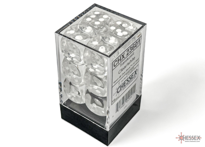 Translucent Clear/white 16mm d6 Dice Block (12 dice) - CHX23601